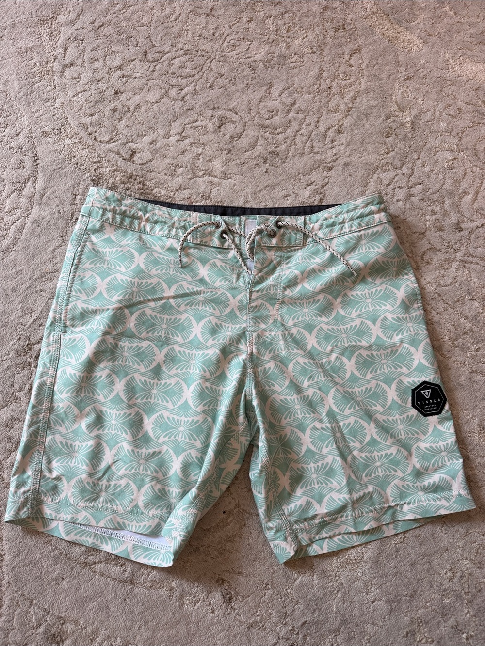 VISSLA Mint Green and White Patterned Swim Shorts